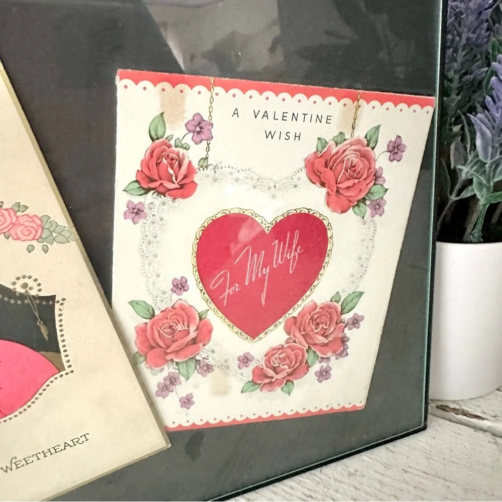 3/$22🩶 Vintage Valentines Day Cards 1944 Framed Romantic History Wall Art